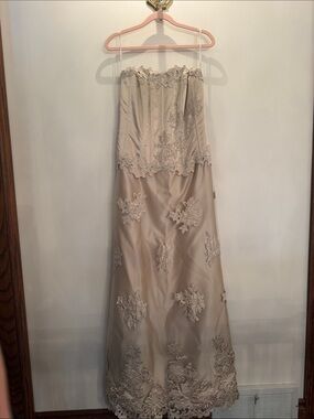 Jovani Strapless Beige Lace Appliqué Gown